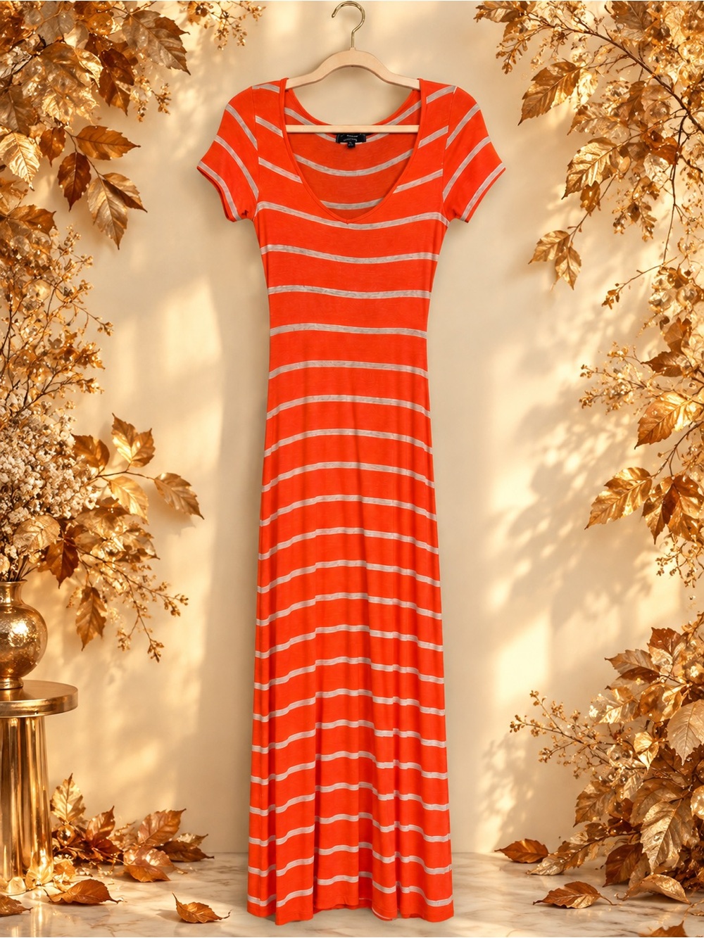 Striped Orange Short-Sleeve Maxi Dress